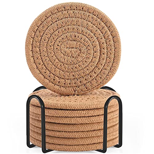 ABenkle 8 Stück Getränkeuntersetzer mit Halterung, gewebte saugfähige Baumwolluntersetzer für Getränke, minimalistisches Heimdekor-Untersetzer-Set, Bierdeckel für Holztisch-Schutztisch, 10,2 cm, Braun von ABenkle
