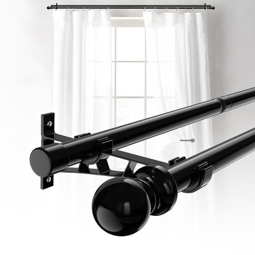 78-224cm Doppelte Vorhangstangen für Fenster, 25mm Durchmesser Schwarze doppelte Stange Blackout Vorhangstangen, Heavy Duty Einstellbare Spleißen Dekorative Doppelte Vorhangstangen mit Halterungen von ABtool