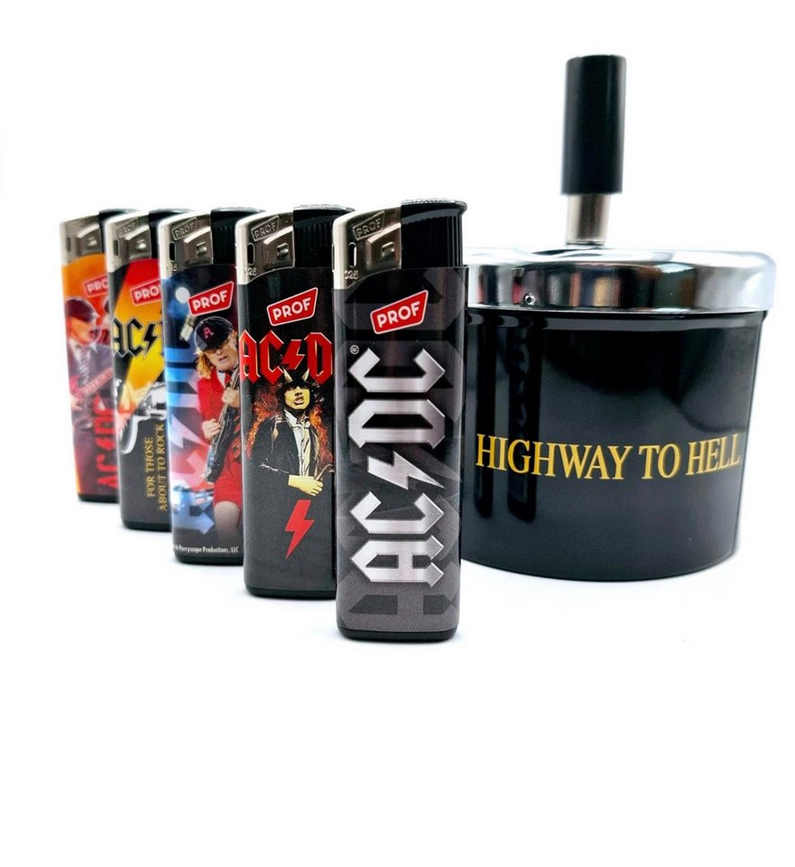 AC/DC Aschenbecher Drehascher, Windascher, Mehrwegfeuerzeuge im Set Highway to hell, indoor und outdoor geeignet von AC/DC