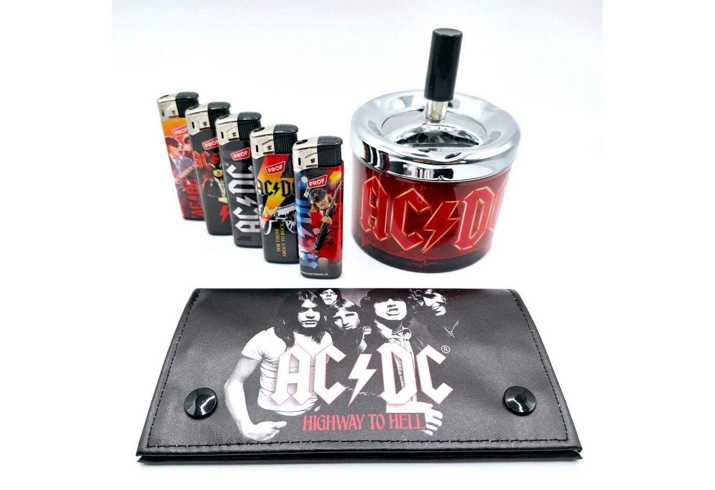 AC/DC Feuerzeuge Drehaschenbecher und Drehertasche im Geschenkset (5x Mehrwegfeuerzeug, Drehascher, Drehertasche), 7 teiliges Geschenkset für AC/DC Raucher Fans von AC/DC