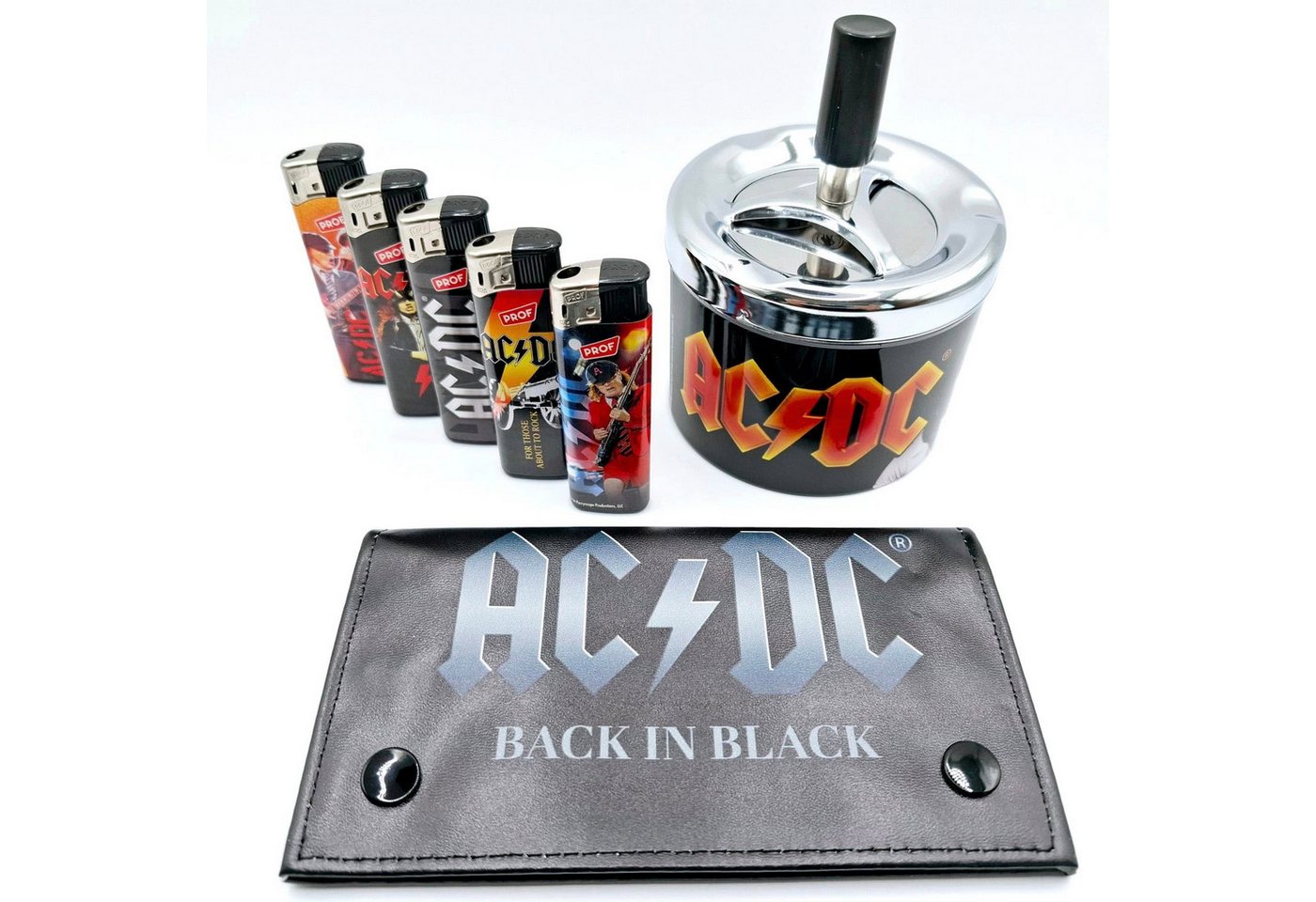 AC/DC Feuerzeuge Drehaschenbecher und Drehertasche im Geschenkset (5x Mehrwegfeuerzeug, Drehascher, Drehertasche), 7 teiliges Geschenkset für AC/DC Raucher Fans von AC/DC