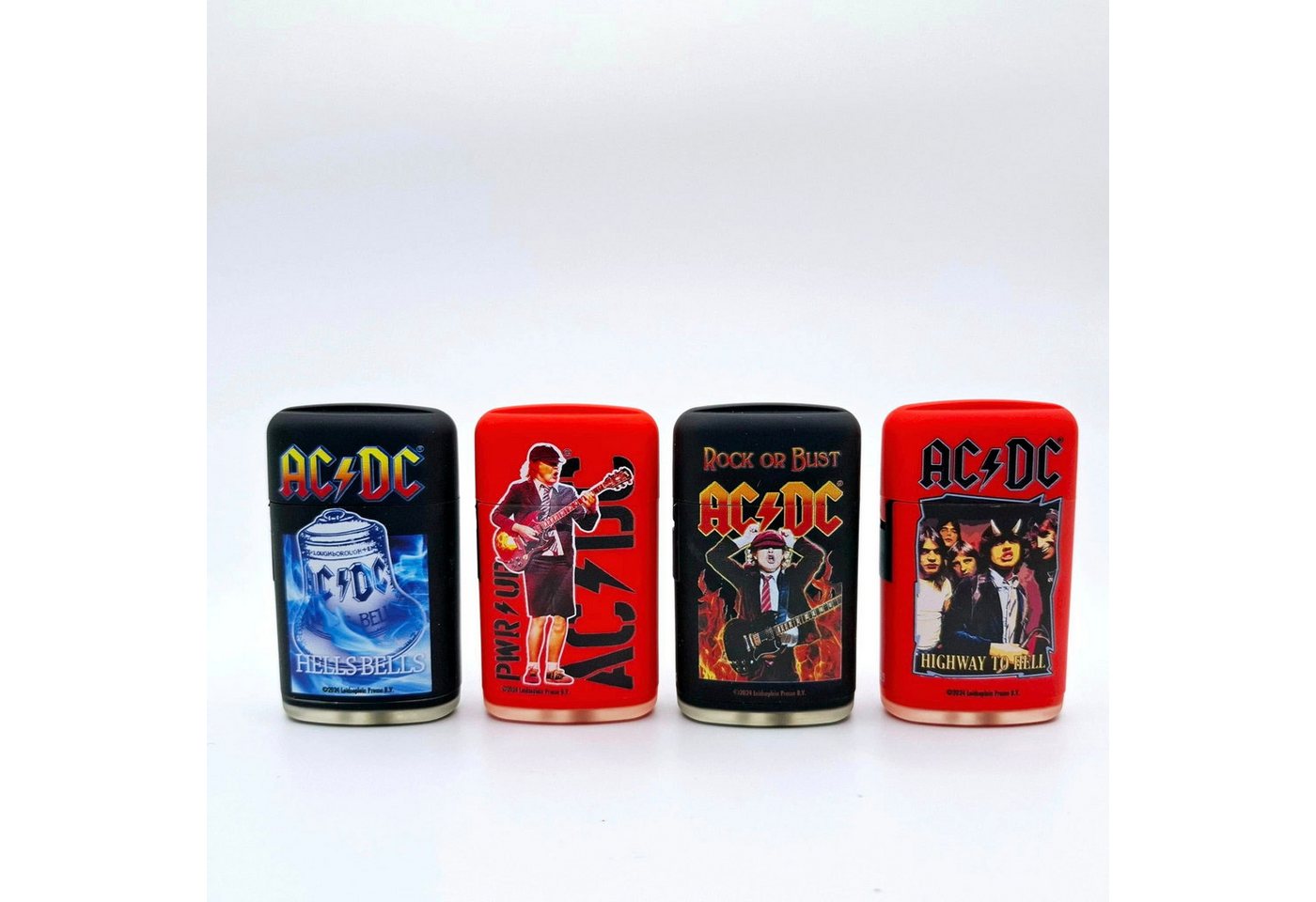 AC/DC Feuerzeuge Neuheit 2025, 4x Torch Feuerzeug Fanartikel in 4 Motiven rot schwarz (4-St), HIGHWAY TO HELL,ROCK OF BUST, HELLS BELLS, PWR UP von AC/DC