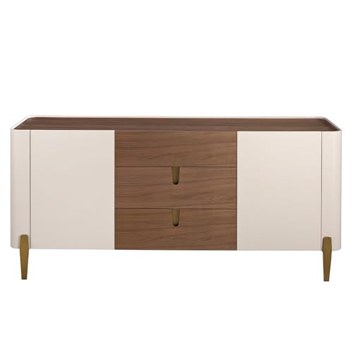 Angel CERDÁ – Moderner Sideboard mit 3 Schubladen und 2 Türen – 145 x 45 x 80 cm – Natur-Nussbaumplatte, Beige lackierter MDF-Korpus und Details aus Poliertem Goldstahl von AC ANGEL CERDÁ