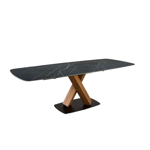 Ángel Cerdá – Ovaler Ausziehbarer Esstisch mit Fassbasis – Funktionales Design – 180/220 x 110 x 76 cm – Oberfläche aus Weiß Geädertem Porzellan-Marmor und Zentraler Fuß in Nussbaum Furniert von AC ANGEL CERDÁ