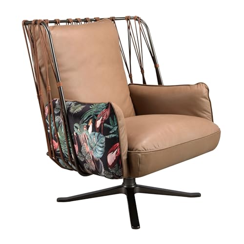 Angel Cerdá - Drehsessel mit Bezug aus braunem Leder und bedrucktem Stoff - modernes Design, umhüllend und funktional - 76 x 82 x 78 cm - Drehfuß aus schwarzem Stahl und ergonomisch gepolsterter von AC ANGEL CERDÁ