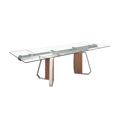 Ángel Cerdá – Ausziehbarer Rechteckiger Esstisch – 160/240 X 90 X 76 cm – Tischplatte Aus Transparentem Gehärtetem Glas, Ausziehteile Aus DM Walnuss und Beine Aus Verchromtem Stahl von AC ANGEL CERDÁ