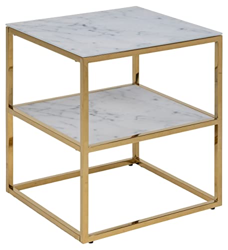 AC Design Furniture Antje Nachttisch mit 1 offenen Ablagemöglichkeit – Mattiertes Glas mit weißer Marmoroptik und goldenem Metallgestell, L: 45 B: 40 H: 50,5 cm, 1 Einheit von AC Design Furniture