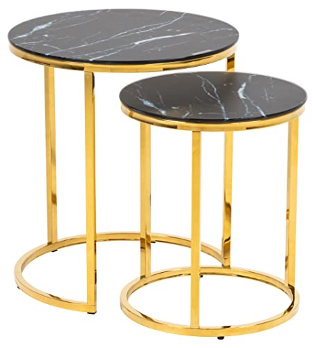 AC Design Furniture Antje Satztische aus Glas, rund mit goldenem Gestell, Tischplatte in schwarzer Marmoroptik, Couchtisch 2er Set, schwarzer Glas-Beistelltisch, Wohnzimmer Couchtisch Glas von AC Design Furniture