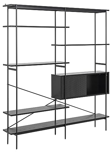 AC Design Furniture Augusta Bücherregal mit 5 Fachböden und Fächern in Schwarzer Eschenoptik, Schwarzer Metallsockel, Metallgitter, H: 188 x B: 27 x L: 172 cm von AC Design Furniture