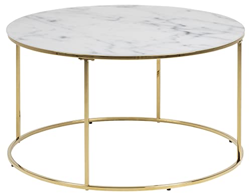 AC Design Furniture Boris runder Couchtisch, Glastischplatte in weißer Marmoroptik mit goldenem Metallgestell, eleganter Couchtisch in Marmoroptik, Wohnzimmermöbel in eleganter Optik von AC Design Furniture