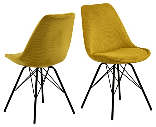 AC Design Furniture Emanuel Cord-Esszimmerstuhl mit Rückenlehne 2er Set, Gepolsterter Esszimmerstuhl, Organische Form, Gelb, Gepolsterter Stoffsitz mit Schwarzen Metallbeinen, Perfektes Küchenset von AC Design Furniture