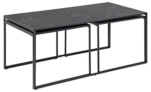 AC Design Furniture Ingelise rechteckiger Couchtisch 3er-Set, schwarze Tischplatte im Marmor-Look mit schwarzen Metallbeinen, Couchtisch im Industriedesign, Möbel für kleine Räume von AC Design Furniture