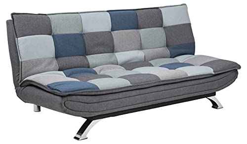 AC Design Furniture Jasper Bettcouch Blau/Grau Patchwork, Schlafsofa mit 3 Liegepositionen, Moderner 3-Sitzer Ohne Armlehne, Gepolstert mit Verchromten Beinen, L: 196 x H: 91 x T: 98 cm von AC Design Furniture