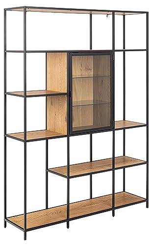 AC Design Furniture Jörn Bücherregal mit 8 Einlegeböden und Fach in Wildeiche-Optik, Schwarzes Metallgestell, Glastür, H: 185 x B: 35 x L: 135 cm von AC Design Furniture