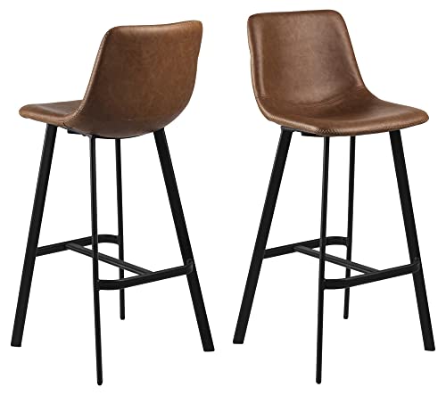 AC Design Furniture Ofelia Gepolsterter Barhocker 2er-Set in braunem Kunstleder mit Schwarzen Metallbeinen und Fußstütze, schlankes Design, pflegeleicht, ideal für Bar, Flur oder Küchenbereich von AC Design Furniture