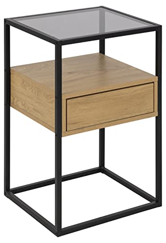 AC Design Furniture Radek quadratischer Nachttisch mit einer Schublade, zwei Ablagen, Glasplatte und Holzschublade, schwarzer Metallrahmen mit leicht zugänglicher Schublade, vielseitiger Nachttisch von AC Design Furniture