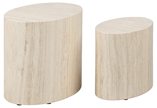 AC Design Furniture Rico Couchtisch in Beige Travertine Optik 2er Set, Platzsparende Ovale Beistelltische fürs Wohnzimmer, Moderne Satztische, B: 48 x H: 40 x T: 33 cm und B: 40 x H: 33x T: 24,5 cm von AC Design Furniture