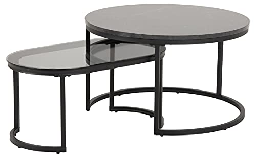 AC Design Furniture Spencer Couchtisch 2er-Set für Wohnzimmer, Glas Marmoroptik, Tisch mit Metallgestell, Kaffetisch, Wohnzimmerset, Satztisch rund, 12.8, Schwarz/Schwarz von AC Design Furniture