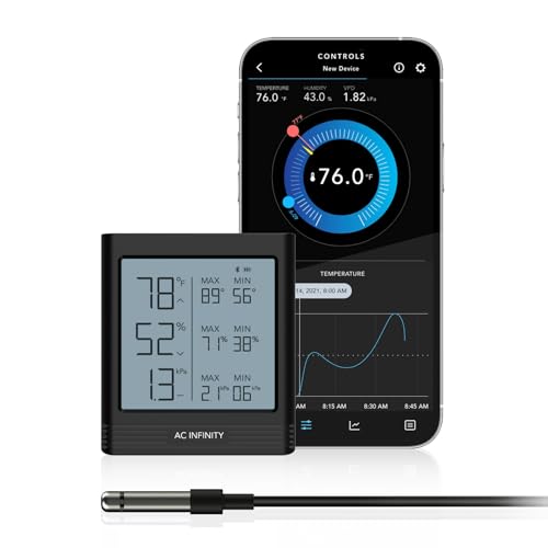 AC Infinity CLOUDCOM B1 Intelligentes Temperatur- und Feuchtigkeits-Hygrometer VPD mit LCD-Display und Bluetooth-App-Monitor, Temperatursensorsonde für Keller, Gitarrenräume, von AC Infinity