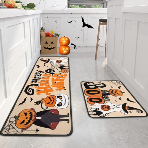 2 Stück Halloween Fußmatte, Halloween Dekoration Fußmatte Geist Kürbis Deko 40X60 & 40X120 cm Willkommensmatte Teppich rutschfeste Für Innen Außen, Fall und Thanksgiving Deko (E) von ACAREY