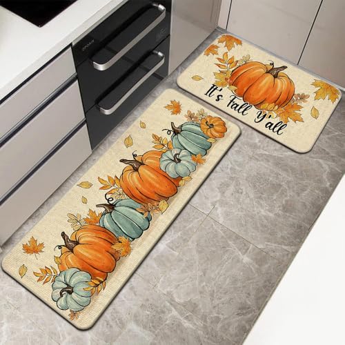 2 Stück Herbstdeko Fußmatte, Herbst Dekoration Fußmatte Herbst Kürbis Deko 40X60 & 40X120 cm Willkommensmatte Teppich rutschfeste Für Innen Außen, Fall und Halloween Deko (G) von ACAREY