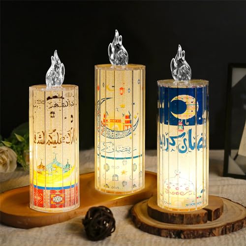 2 Stück Ramadan Deko Led Kerzen, Eid Mubarak LED Teelichter Nachtlicht Flammenlose LED Kerze Ramadan Dekoration Lampe Led Teelichter Tischdekoration Für Eid Mubarak Ramadan Party Dekoration (3 Stück) von ACAREY