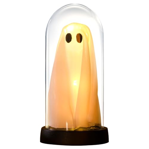 ACAREY Halloween Deko Geist Nachtlicht, Leuchtender Geist in Glasglocke, Glass Cloche-Hexenhut Geist mit Licht, Batteriebetrieben, für Halloween Küche Kaminsims Tischdeko Party Deko (Warmes Licht-A) von ACAREY