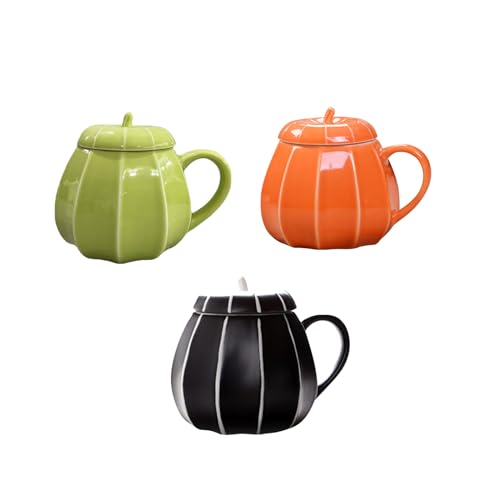 ACAREY Halloween Kürbis Tasse, Halloween Kürbis Tasse | Niedliche Keramik Kürbis Tasse | Kürbisbecher Mit Deckel, Lustige Keramik-Kaffeetasse Kürbis-Teetassen Müslischale Süßigkeiten-Keksdose (3PCS) von ACAREY