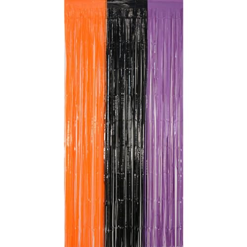 ACAREY Halloween Lametta Vorhänge Schwarz Orange Lila, Halloween Glitzer Hintergrund Dekoration, Foto Requisiten Metallische Folien Fransen 1m x 2m für Tür und Fotowand, Hochzeit Party Deko (1 Stück) von ACAREY