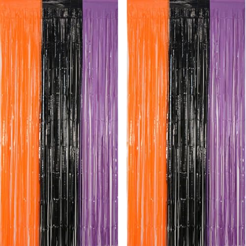 ACAREY Halloween Lametta Vorhänge Schwarz Orange Lila, Halloween Glitzer Hintergrund Dekoration, Foto Requisiten Metallische Folien Fransen 1m x 2m für Tür und Fotowand, Hochzeit Party Deko (2 Stück) von ACAREY