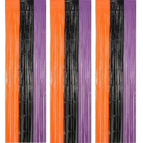ACAREY Halloween Lametta Vorhänge Schwarz Orange Lila, Halloween Glitzer Hintergrund Dekoration, Foto Requisiten Metallische Folien Fransen 1m x 2m für Tür und Fotowand, Hochzeit Party Deko (3 Stück) von ACAREY