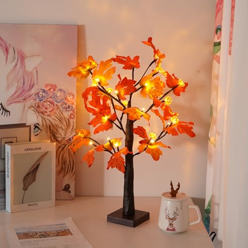 ACAREY LED Deko Baum Ahorn mit 24 LEDs, Herbstdeko Lichterbaum Für Innen, Ahornblatt Baum Lichter, Herbst Deko mit Herbstblätter Deko Kürbis Deko Für Tischdeko Herbstdeko Zum Aufhänge von ACAREY