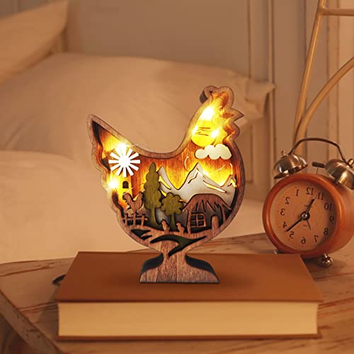 ACAREY Ostern Deko Figuren aus Holz, 3D Hohle Osterhasen Deko Osterdeko Figuren mit LED, Holz Ostern Hase Deko, Oster Deko Hase Figure Für Dekoration, Frühlingsdeko, Tisch Deko, Geschenk (Huhn) von ACAREY