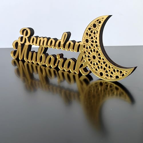 ACAREY Ramadan Deko Holz Ramadan Eid Mubarak Dekoration Golden, Ramadan Dekoration Mond Stern Deko Figure Eid Deko Muslimische Deko, DIY Ramadan Dekoration Für Schlafzimmer Tisch Deko (A) von ACAREY