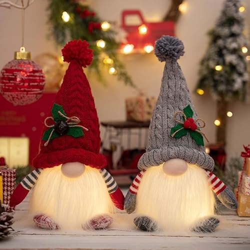 ACAREY Weihnachtsdeko 2 Stück Weihnachten Wichtel mit LED Licht Weihnachtswichtel Figuren Plüsch Wichtel Figuren Mit LED Wichtel Zubehör Weihnachten Figur Für Weihnachtsdeko Innen (Grau-Rot) von ACAREY