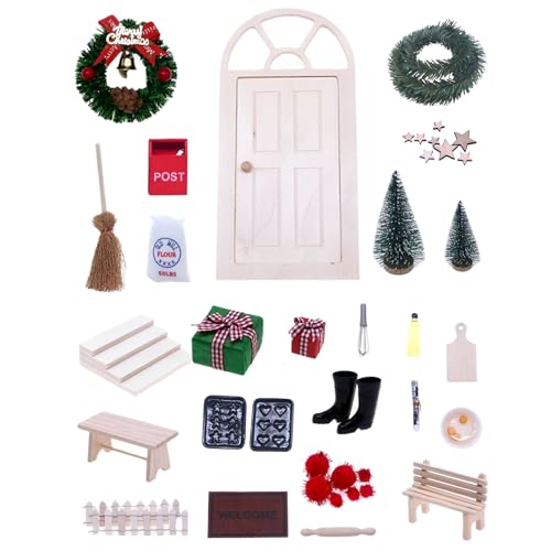 ACAREY Wichteltür Zubehör Set Weihnachtsdeko Weihnachtswichtel Tür Set, Weihnachten Holz Wichtel Tür Set mit Miniatur Briefkästen, Zäun, Leiter, Stiefel, Feentür Set Für Kinder Geschenke (A) von ACAREY