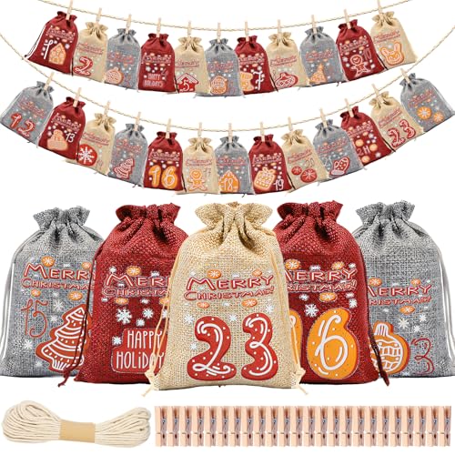 Adventskalender zum Selber Befüllen Kinder, Weihnachten DIY Adventskalender Tüten, 24 Jutesäckchen Adventskalender Säckchen mit Holzklammern, für DIY Weihnachten Basteln Dekoration (A) von ACAREY
