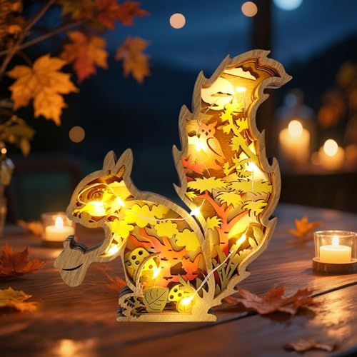 Herbstdeko Beleuchtung Holz, 3D Herbst Dekoration Hohl Ahornblatt Kürbis Mit LED Lichterkette, Herbst Deko Innen Für Schlafzimmer Wohnzimmer Tisch Deko, Geschenk Für Erntedank (Eichhörnchen) von ACAREY