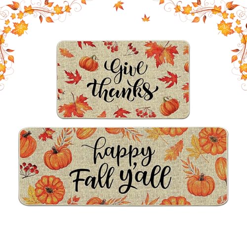 Herbstdeko Fußmatte, 2 Stück Herbst Dekoration Fußmatte Herbst Kürbis Deko Fußmatte Willkommensmatte Für Innen Außen Deko, Bunt Küche Teppich Rutschfeste Für Schlafzimmer, Wohnzimmer, Küche (A) von ACAREY