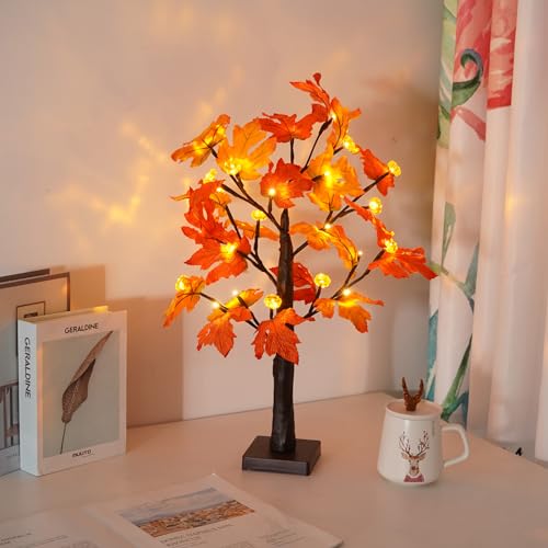 Herbstdeko Lichterbaum Für Innen mit 24 LEDs, Ahornblatt Baum Lichter Herbst Deko Lichterbaum mit Herbstblätter Deko Halloween Kürbis Deko Für Weihnachtsdeko Tisch Herbstdeko Zum Aufhänge von ACAREY