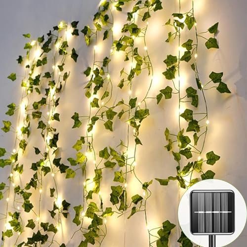 LED Lichterkette Efeu Künstlich, 2M 20 LEDs Efeu Girlande Lichterkette Mit Batterie Für Innen, Lichterkette Mit Blumengirlande Hängend Pflanzen Für Innenberei,Hochzeit, Party Deko (Solar 2M) von ACAREY