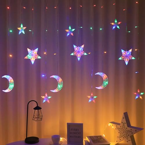 Lichterketten Vorhang Innen, Lichtervorhang 3M LED Lichterkette Stern Mond Lichterkette Vorhang, Ramadan Deko Lichtervorhang Warmweiß Für Weihnachten Hochzeit Party Wand Schlafzimmer Deko (Bunt) von ACAREY