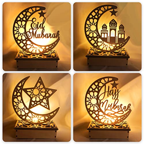 4 Stück Ramadan Deko Laterne, Ramadan Dekoration Lampe Holz, LED Mond Stern Deko Teelichthalter Islam Deko Muslimische Deko, DIY Ramadan Mubarak Dekoration Für Schlafzimmer Tisch Deko von ACAREY