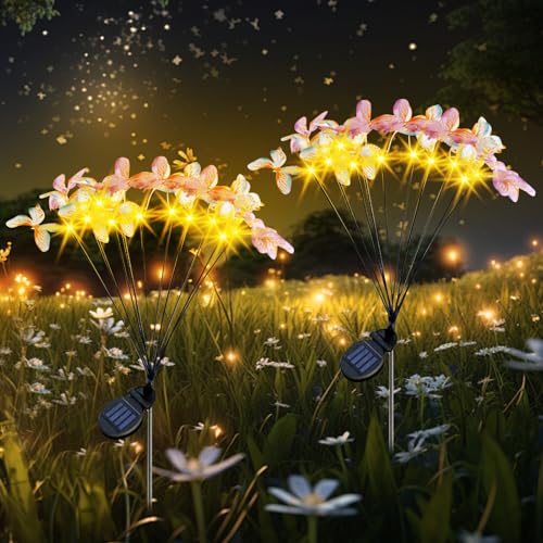 Solarlampen für Außen Garten 2 Stück LED Schmetterling Gartendeko Solarleuchten für Außen 8-15h Langlebige Beleuchtung 8 Modi Wasserdicht Solarlichter Warmweiß für Pathway Terrasse Rasen (Gelb-A) von ACAREY