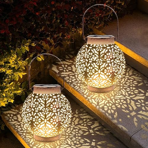 Solarlampen für Außen Hängend, 2 Stück Solar Laternen für Draußen mit Größer LED-Glühbirne, IP65 Wasserdicht Metall/Rattan Solarleuchten für Außen Terrasse Rasen Balkon Hof Gartendeko (2 Stück C) von ACAREY