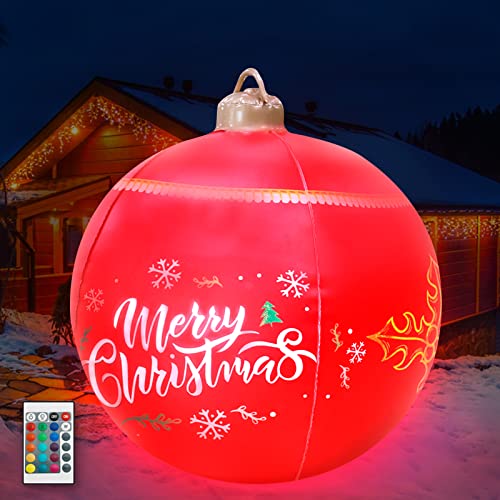 Weihnachtsdeko Aufblasbare Weihnachtskugeln 60cm Weihnachtskugel XXLOutdoor mit LED Licht Und Fernbedienung, Weihnachtskugeln Rot Aufblasbarer Weihnachtsball mit Erdspießen Für Garten Deko (60cm) von ACAREY