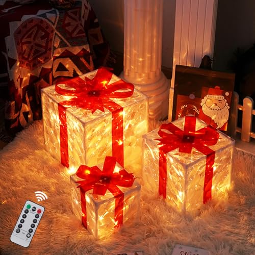 Weihnachtsdeko LED Geschenkbox mit LED Lichterkette, 3er Weihnachten außen innen Beleuchte Weihnachtenbox für Weihnachten, Strom Geschenkbox unter Weihnachtsbaum/Fenster/Garten (Warm) von ACAREY