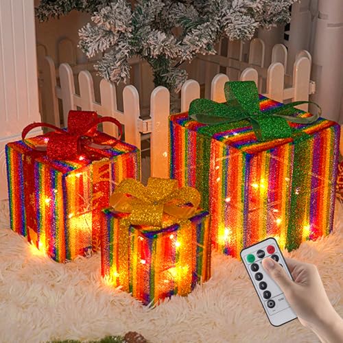 Weihnachtsdeko LED Geschenkbox mit Timer, 3 Stück Beleuchte Weihnachtenbox + Fernbedienung, Weihnachts Dekoboxen Warm Weiß Beleuchtet Deko Weihnachten Für Weihnachten, Fenster, Garten (Bunt) von ACAREY