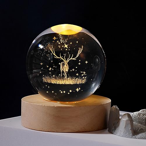 Weihnachtsdeko LED Herbstdeko Pusteblume Dekoleuchte Kristallkugel Kristall Figure, Holz Deko Figuren Personalisiertes Geschenk für Frauen und Männer Geschenkidee Zu Weihnachten, Geburtstag (Elch) von ACAREY
