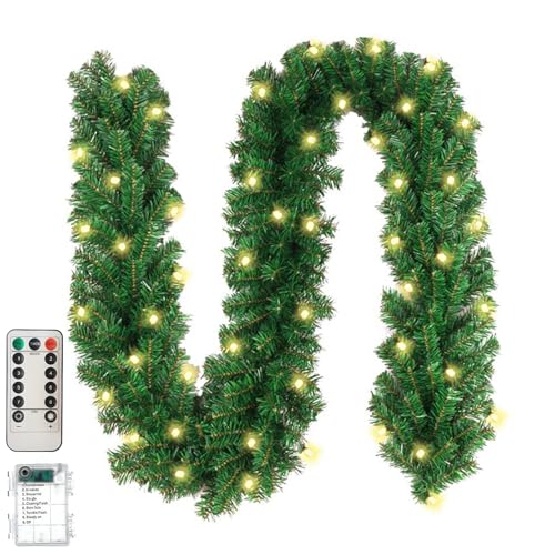 Weihnachtsdeko Weihnachtsgirlande mit Beleuchtung, Weihnachtsgirlande mit LEDs Warmweiß Tannengirlande Künstliche Tannengirlande mit Timer Weihnachtsdeko Girlande für Innen Außen (240 Köpfe) von ACAREY